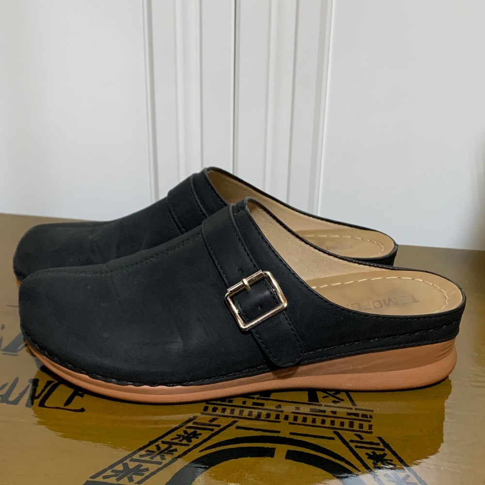Black Slip-On Mule Clogs with Buckle Accent